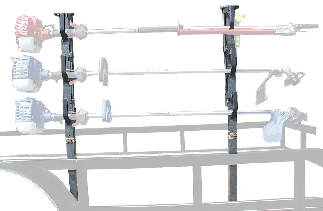 RA-6 – RACK'EM MFG Tool Organizer, Bolt-On Mount To Open Trailer Holds 3 Landscape Trimmers Black/ Gray Steel